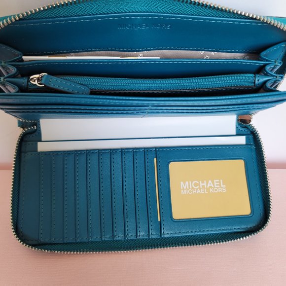 MICHAEL KORS Jet Set Travel Large Continental Pebbled Leather Wallet-Lagoon⭐ - Picture 15 of 16
